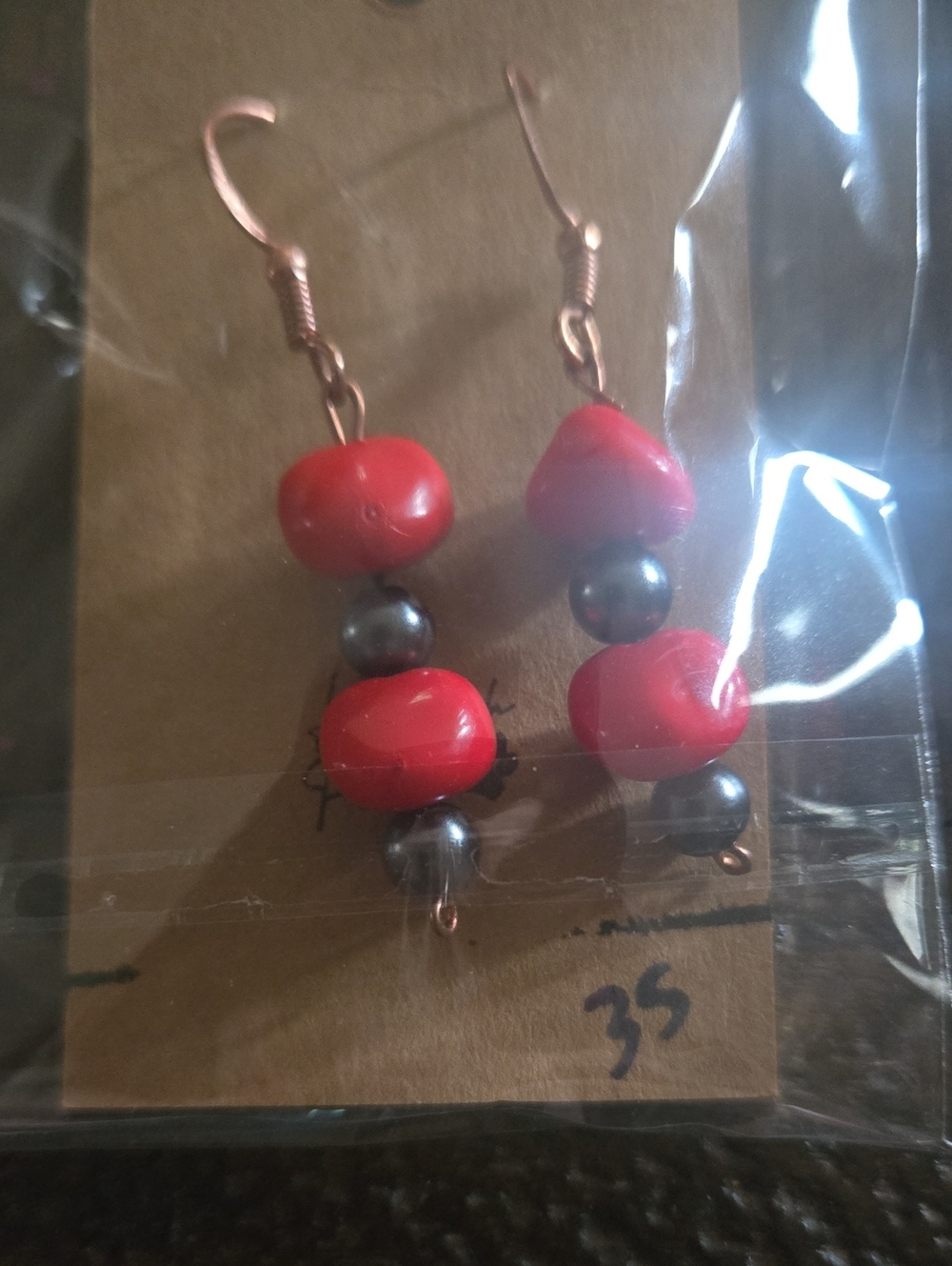 Handmade Red Bead Drop Earrings